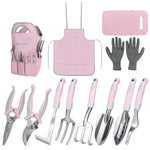 Load image into Gallery viewer, Pink Garden Tool Sets 12 Pieces, iHansee Aluminum Gardening Hand Tools with Non-Slip Handle, Kneeling Pad, Apron, Gloves and Organizer Bag, Landscaping Tools - Gift for Women & Garden Enthusiasts