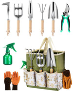 Load image into Gallery viewer, 9-Piece Premium Gardening Tool Set for Women - Heavy Duty Stainless Steel Rust-Proof Tools with Fashion Storage Tote | Perfect Gardening Gifts for Mom, Mother's Day, Birthday & Outdoor (Green)