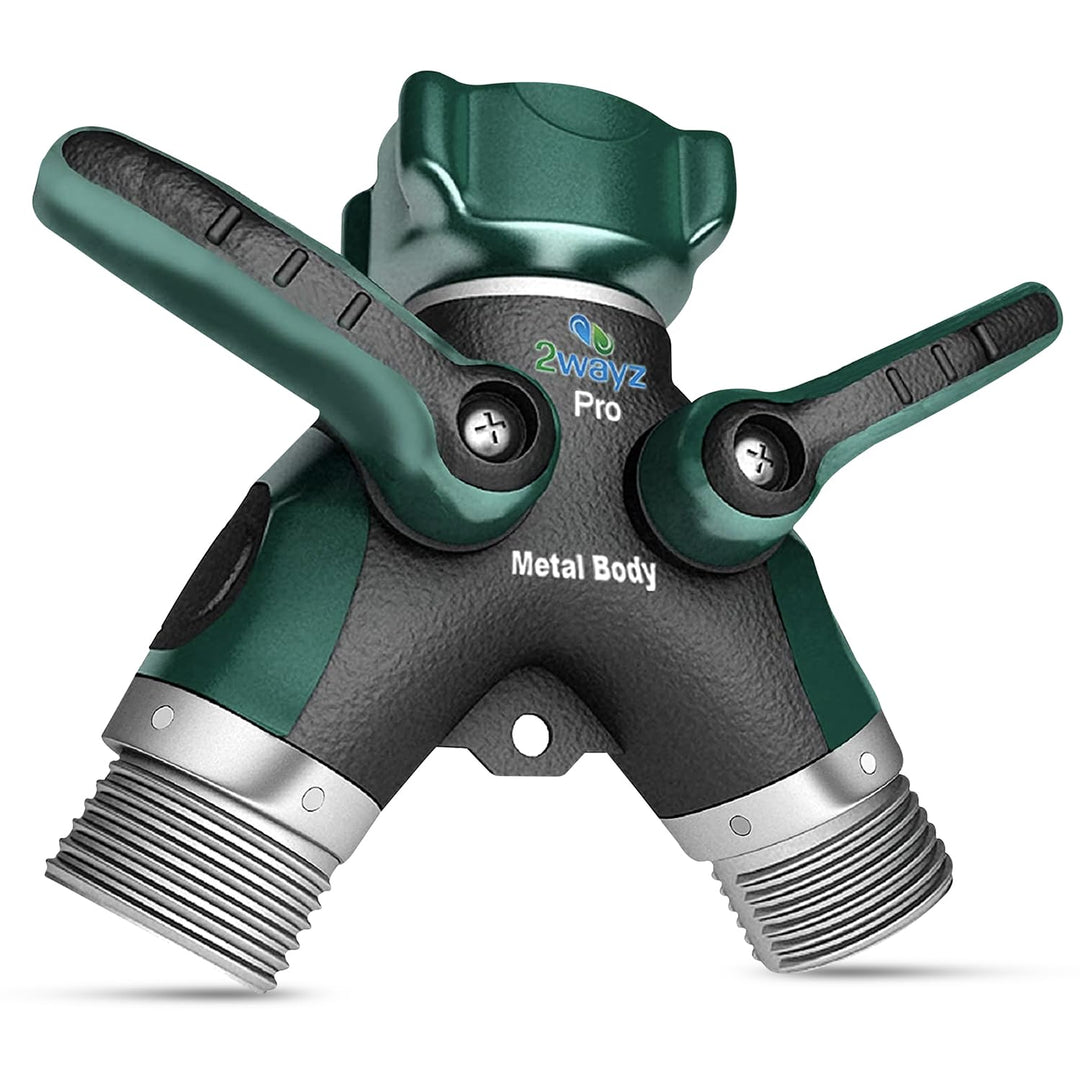 2WAYZ Hose Splitter 2 Way Heavy Duty Outdoor Faucet and Garden Connector - Water Spigot Splitter - Durable All-Metal Y Adapter with Shut-Off Valve - 4 x 4 x 1.5 Inches