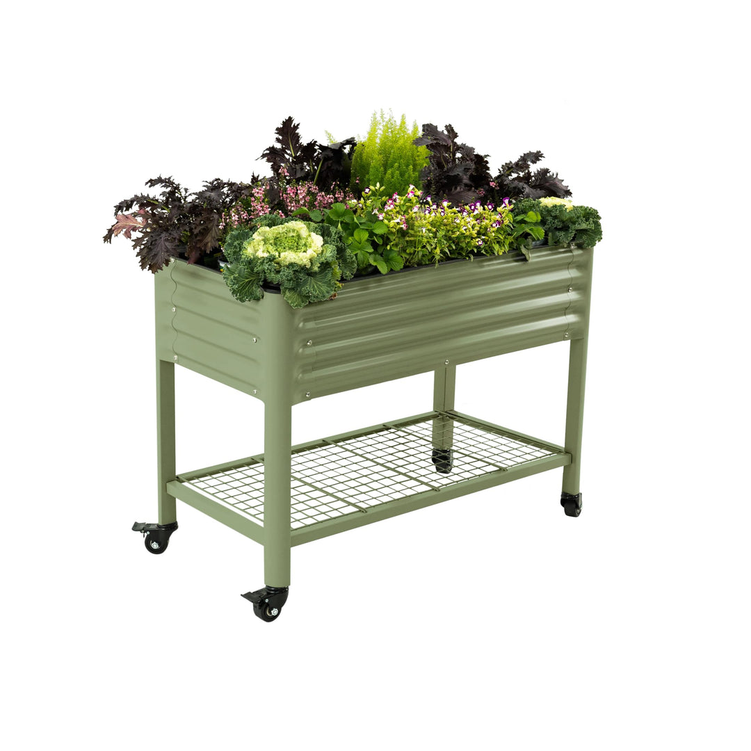 Rolling Elevated Raised Garden Bed-V Series, 2' x 4' Garden Beds with Legs & Storage Rack for Patio & Porch, 700 Lbs Weight Capacity, Outdoor Planter Box for Vegetables Flower Herbs, Olive Green