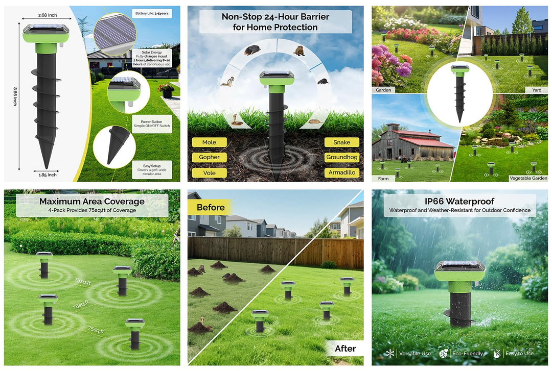 Solar Garden Device – 4 Pack, IP66 Waterproof, Solar Rechargeable, Covers up to 75 sq. ft., Quick 2-Hour Charge, 8–10 Hours Operation, Weather-Resistant Lawn & Garden – eco-Friendly Lawn Spikes,