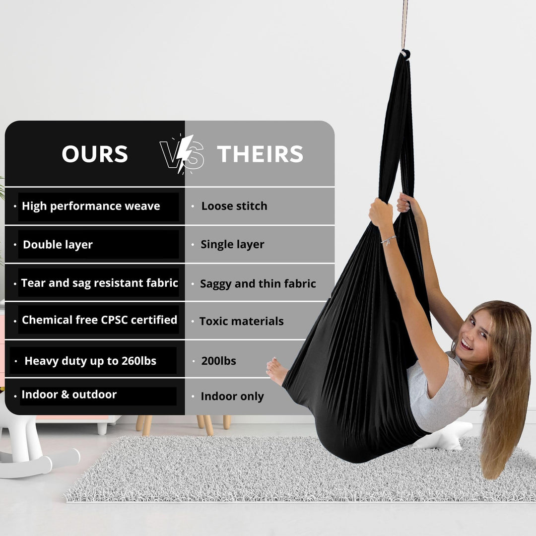 Bradoro Double Layer Reversible Sensory Swing | Outdoor and Indoor Swing for Kids and Adults Up to 260 lbs | Autism Cocoon Swing | Kids Sensory Swing (Black)