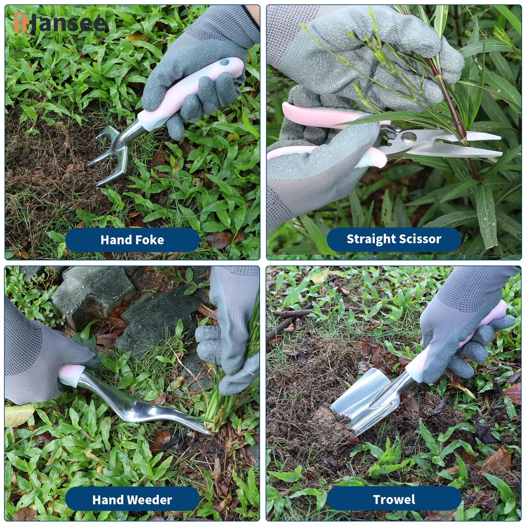 Pink Garden Tool Sets 12 Pieces, iHansee Aluminum Gardening Hand Tools with Non-Slip Handle, Kneeling Pad, Apron, Gloves and Organizer Bag, Landscaping Tools - Gift for Women & Garden Enthusiasts